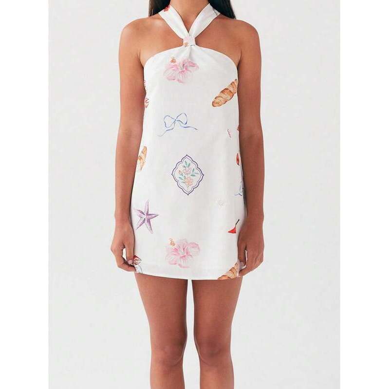 Women's Cream Yellow Halter Neck Mini Dress - Knotted Neck Detail Sleeveless Lig